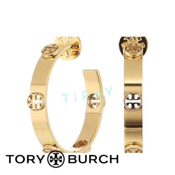 Tory Burch Gold Plated Hoop Earrings With Logo Studs - Picture 1 of 4
